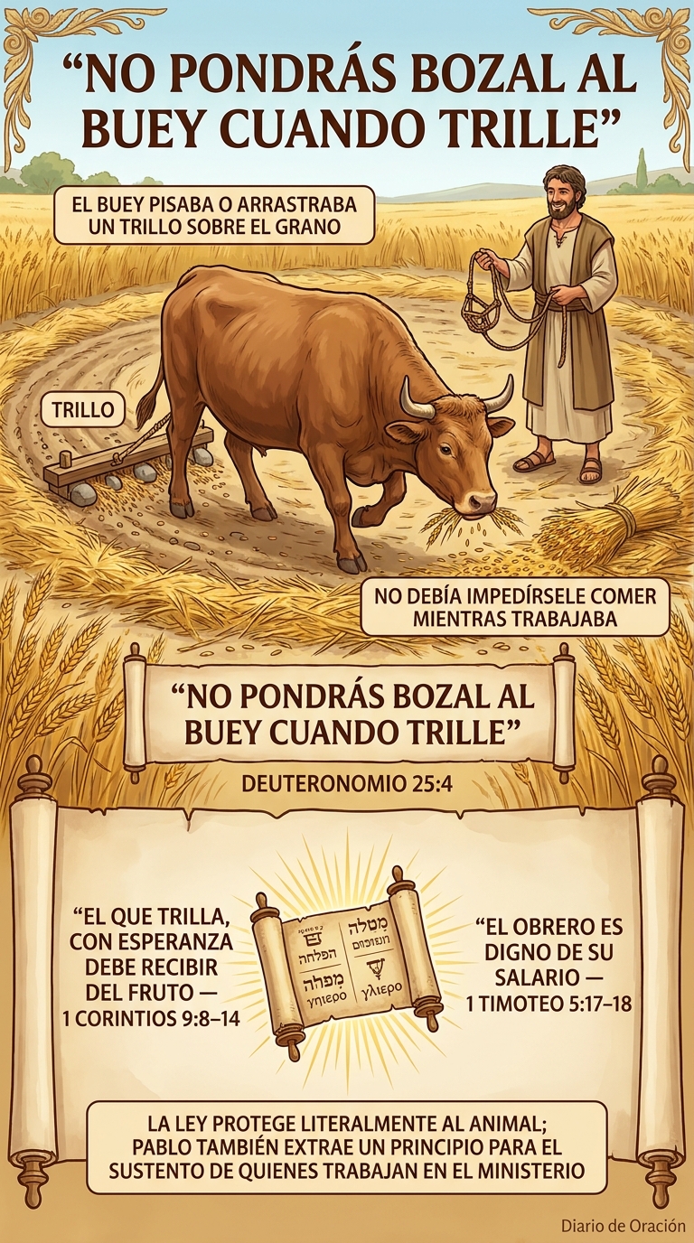 Buey trillando grano sin bozal, explicación visual de Deuteronomio 25
