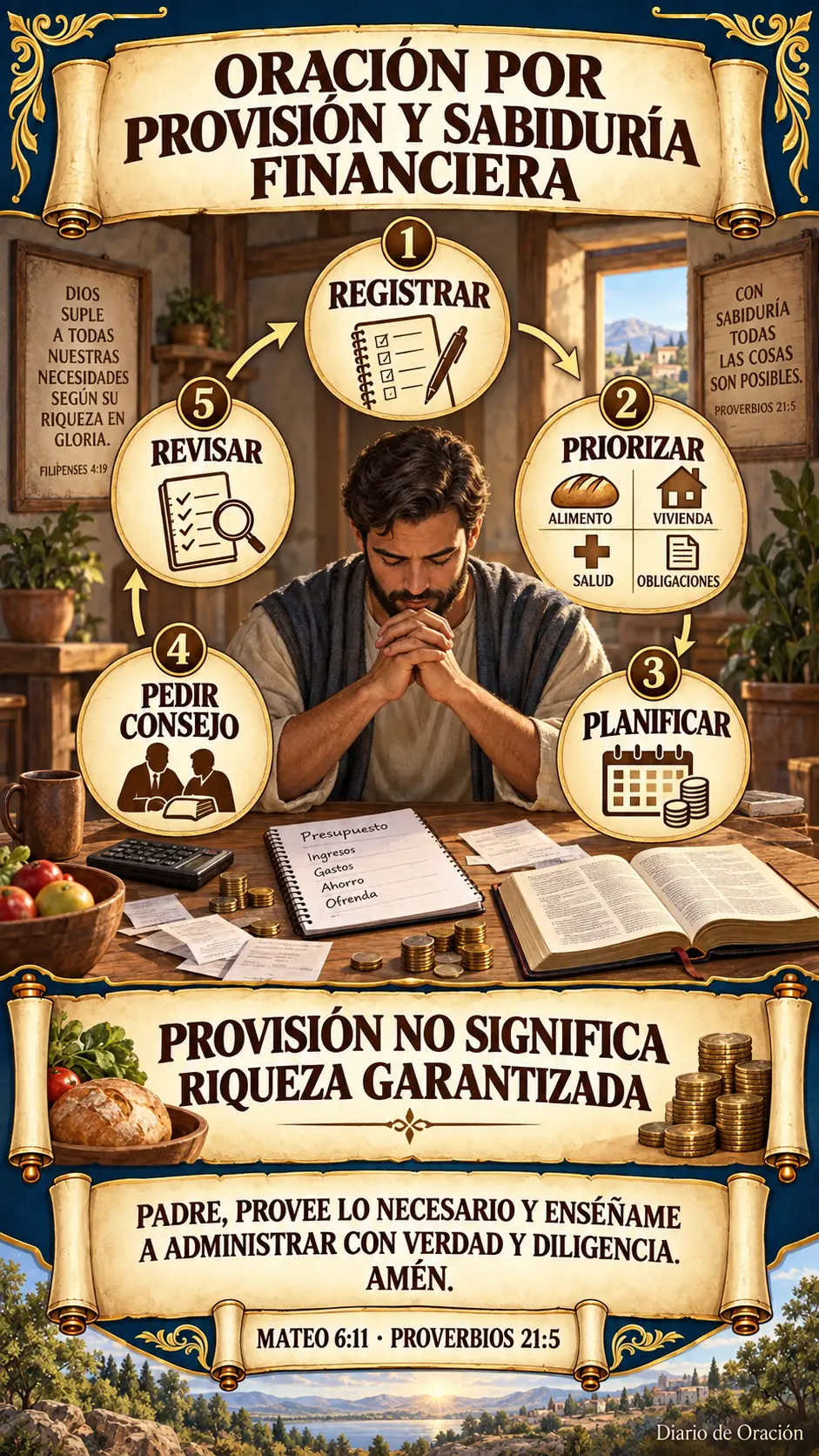 Infografía de Diario de Oración: Orar y ordenar: cinco pasos complementarios