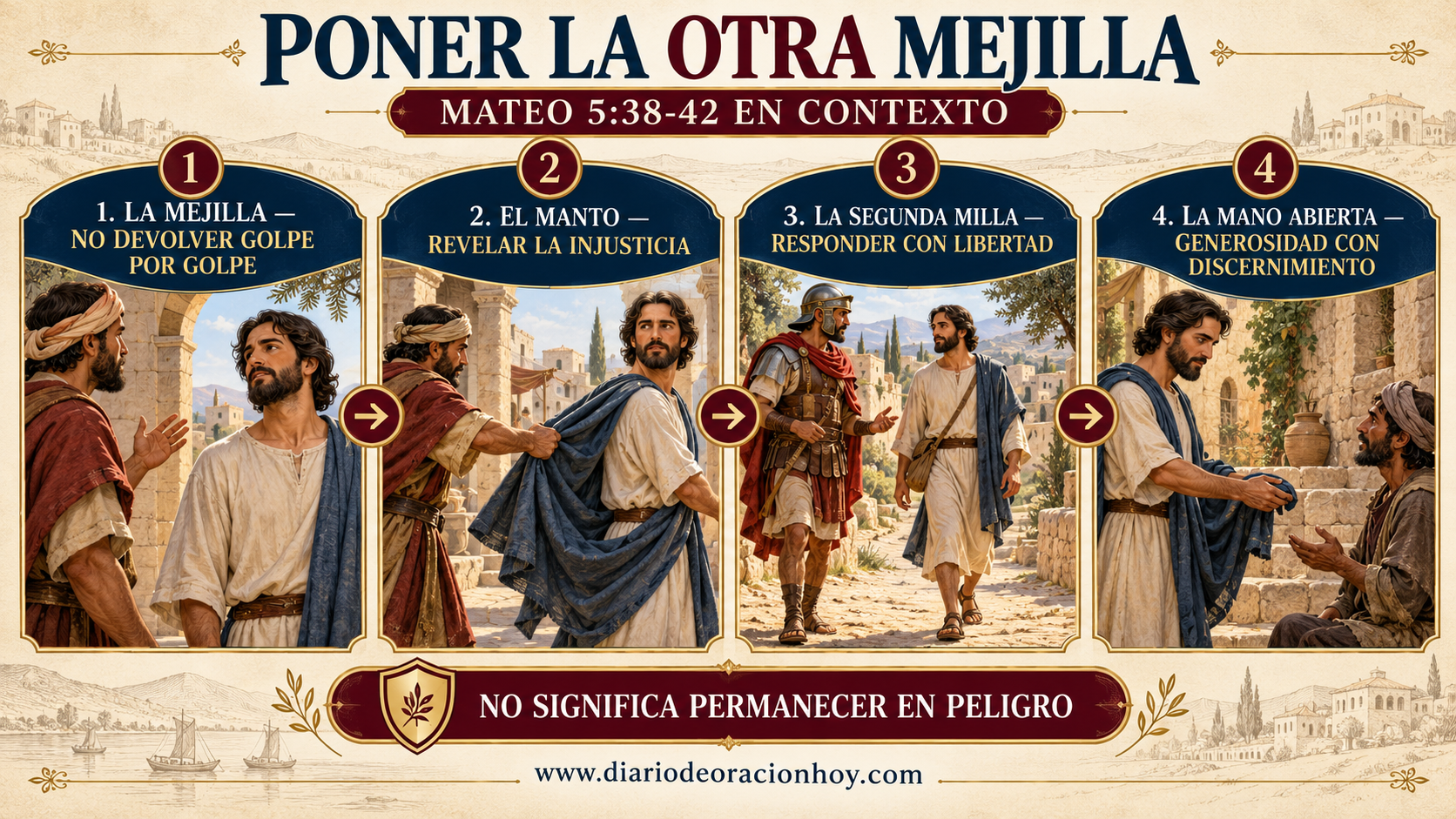 Infografía horizontal de las cuatro escenas de Mateo 5:39-42 con mejilla, manto, milla y mano abierta
