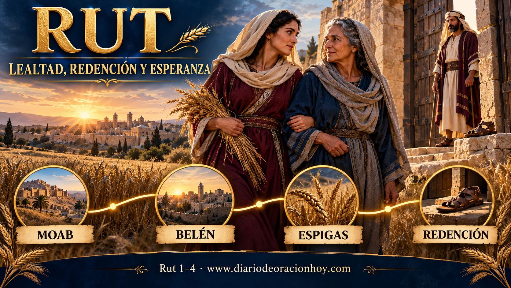 Rut y Noemí ante campos de cebada con una representación del derecho de rescate en Belén
