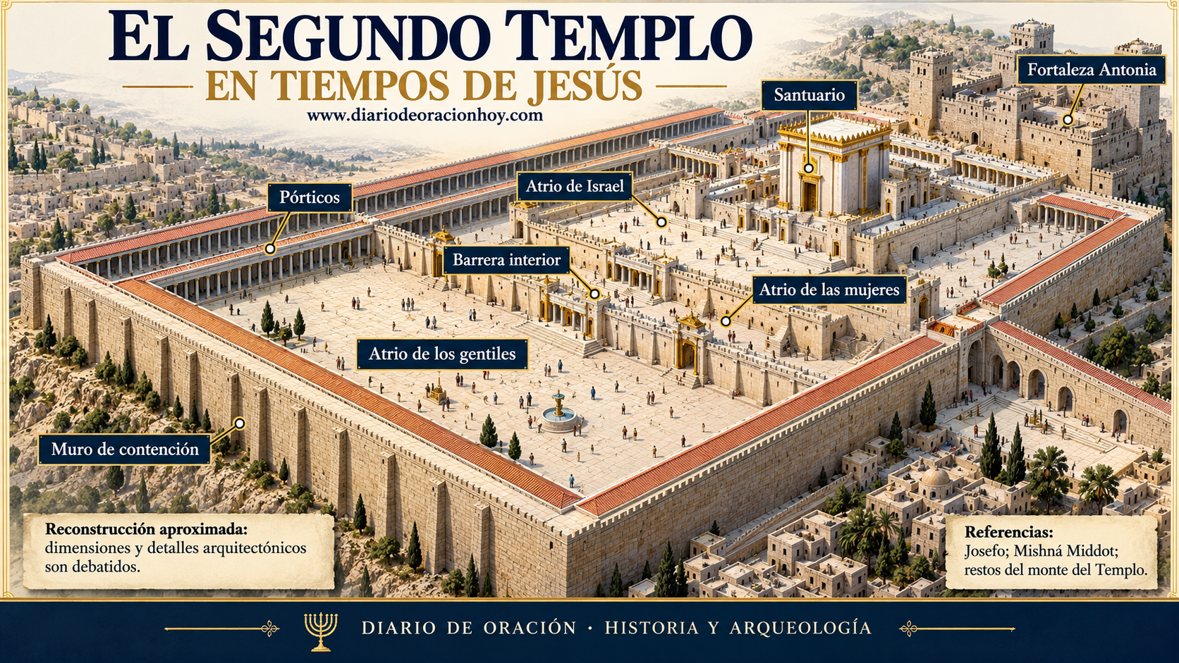 Reconstrucción aproximada del complejo del segundo templo con sus patios, pórticos y fortaleza Antonia