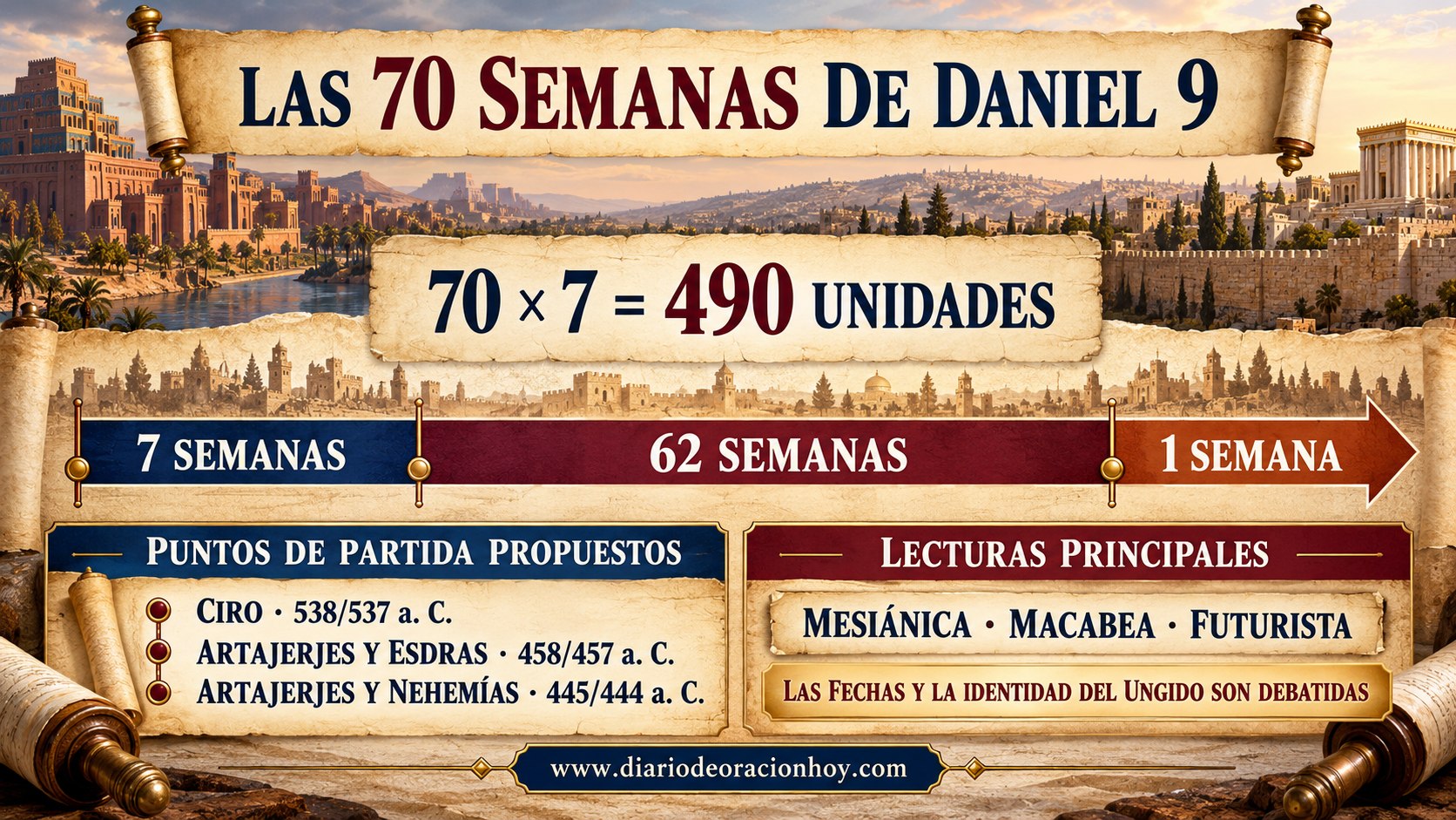 Infografía horizontal con la estructura de las setenta semanas de Daniel 9, propuestas cronológicas y lecturas principales