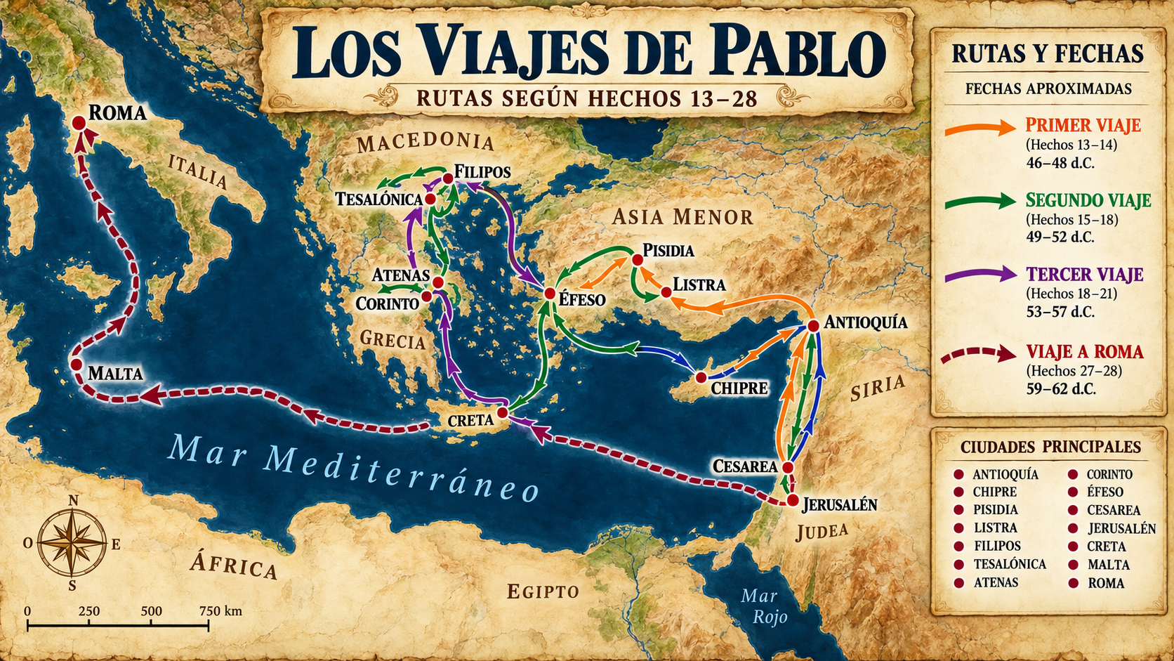 Mapa horizontal de los viajes misioneros de Pablo desde Antioquía hasta Roma según Hechos 13 a 28