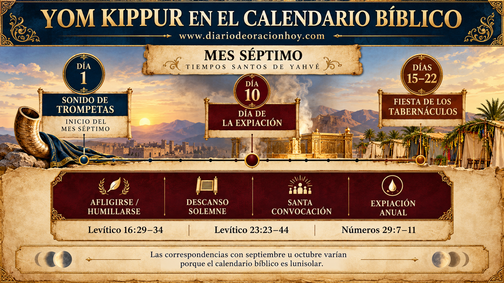 Línea de tiempo horizontal del mes séptimo con el Día de la Expiación en el día diez