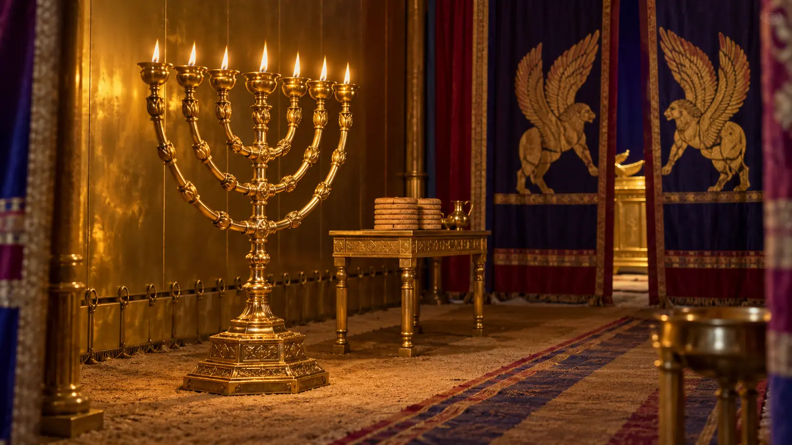 Menorá de siete lámparas iluminando el interior del tabernáculo