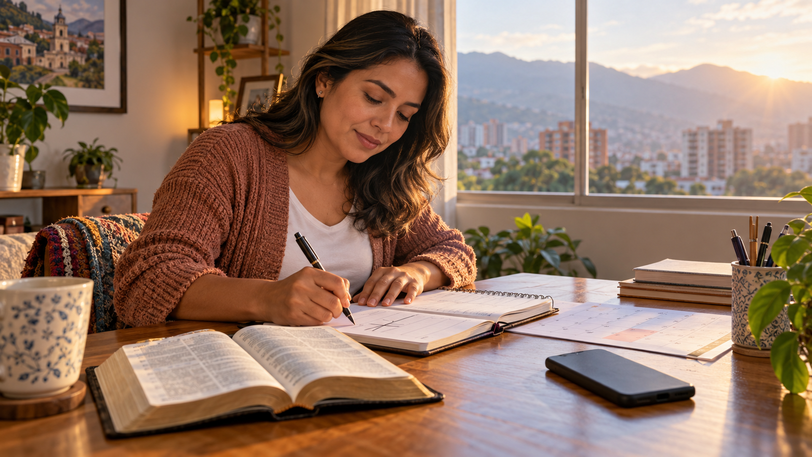 Mujer adulta colombiana reorganizando con serenidad su agenda junto a una Biblia abierta