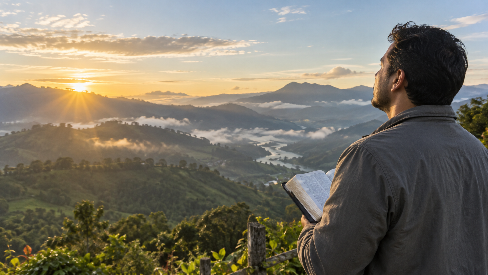 Hombre adulto con una Biblia contemplando el amanecer sobre las montañas andinas de Colombia