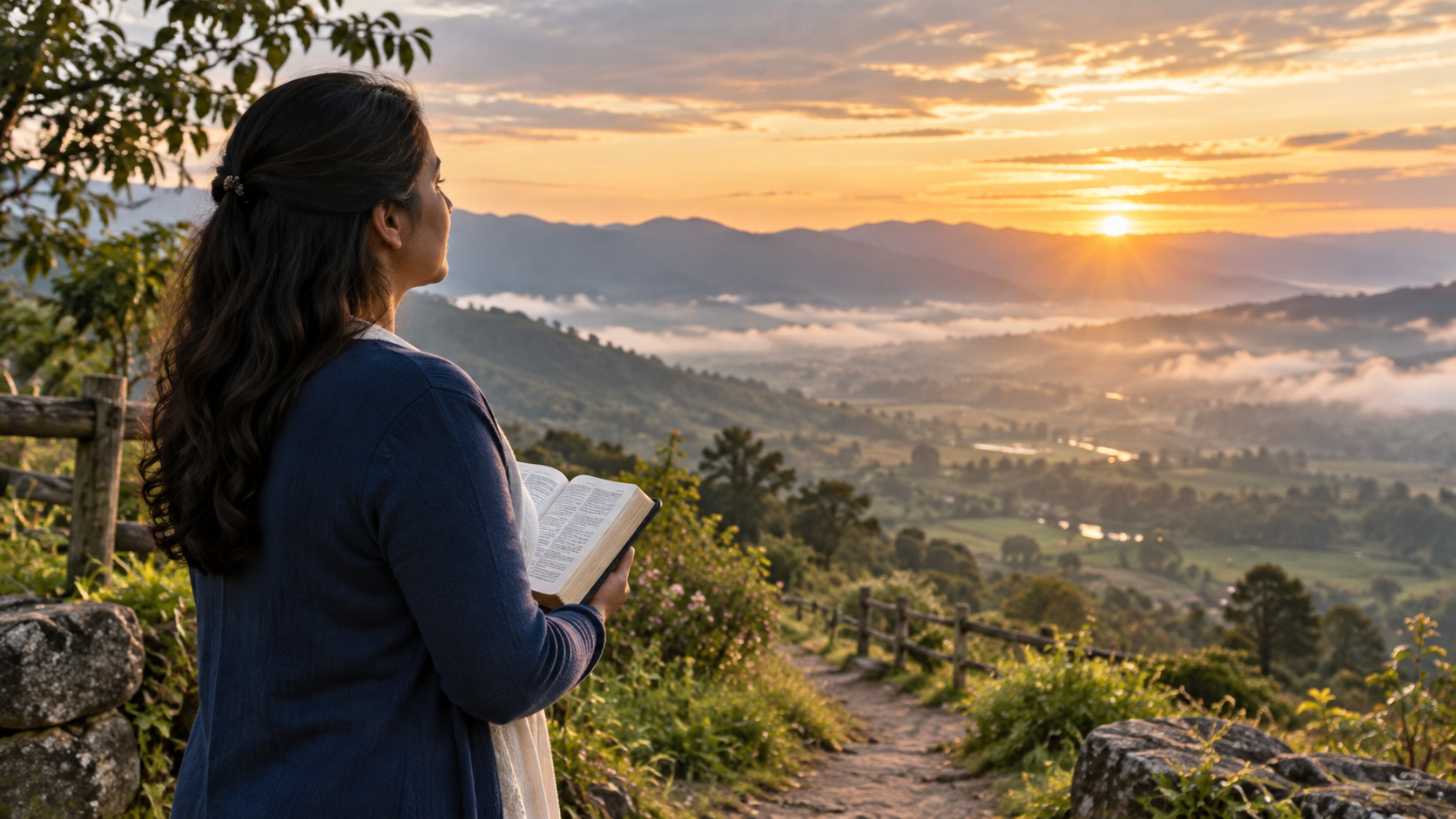 Mujer adulta con una Biblia contemplando el amanecer sobre un valle colombiano