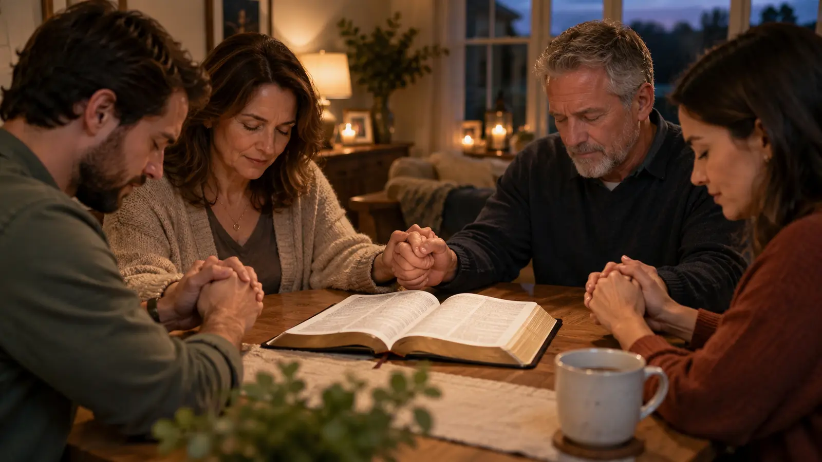 Familia adulta reunida alrededor de una mesa con una Biblia abierta