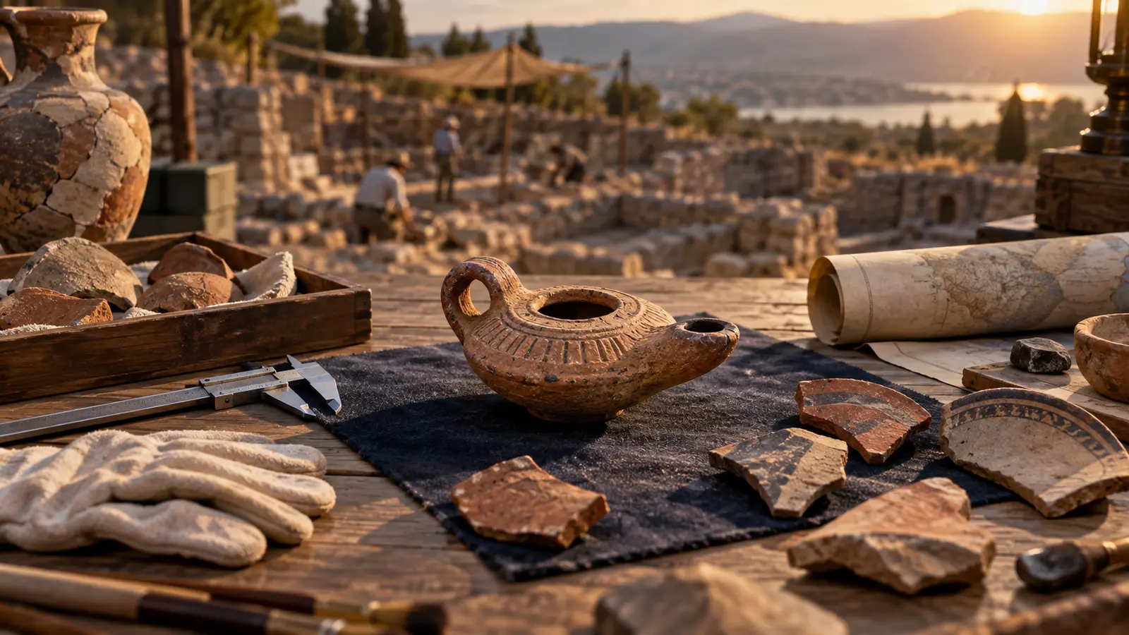 Lámpara antigua y fragmentos de cerámica en una mesa arqueológica