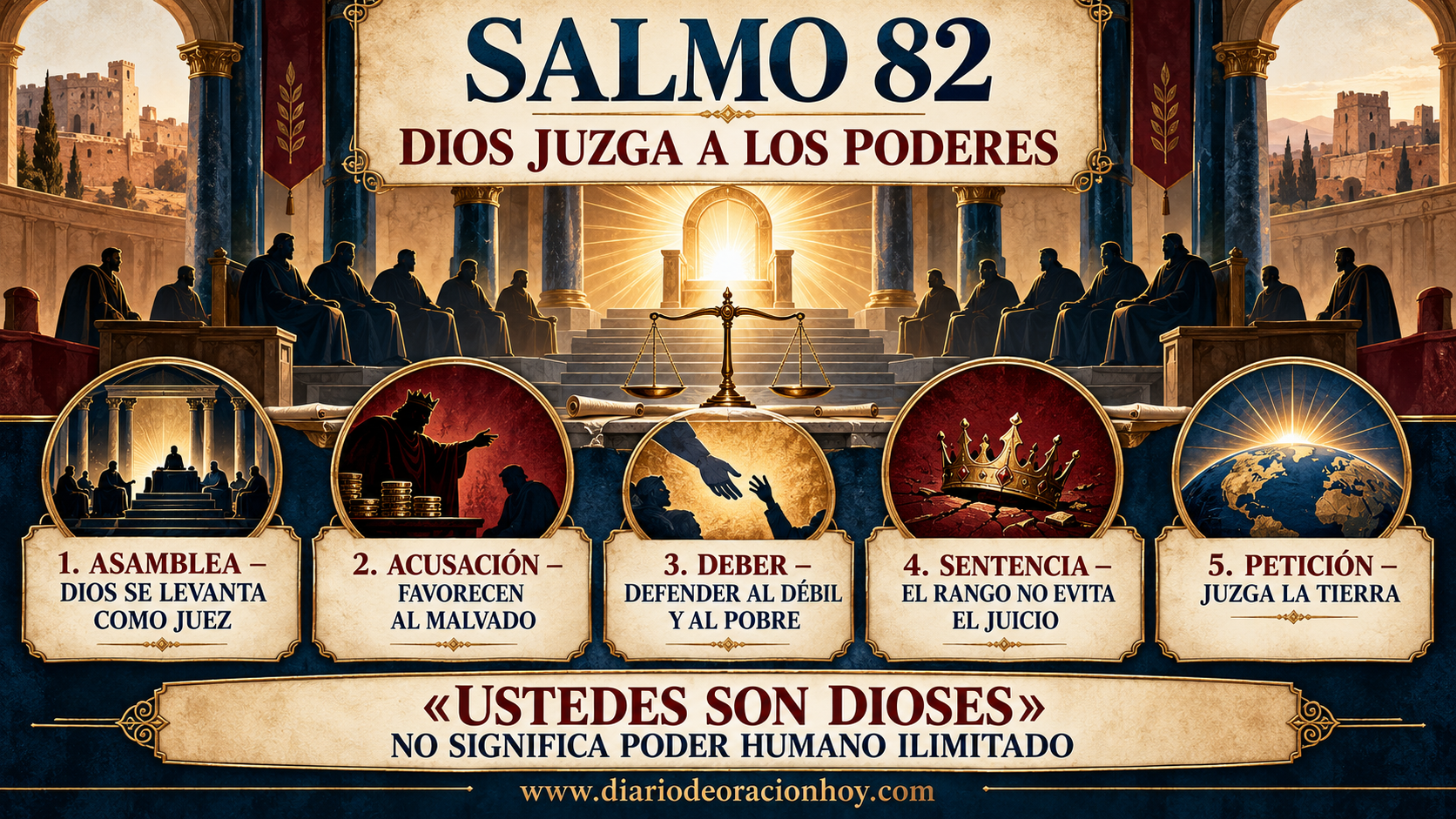 Infografía horizontal del Salmo 82 con asamblea, acusación, deber, sentencia y petición final